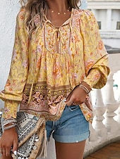 cheap Boho Tops-Women&#039;s Boho Shirt Blouse Flower Modern Boho Long Sleeve V Neck Regular Tops Daily Going out Print Yellow Pink Navy Blue Blue Orange Summer