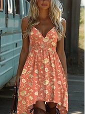 abordables Robes Bohémiennes-Femmes Mini Robe Robe Nuisette Vacances Fête Occasionnel Sortir Plage Coupe Standard Fleuri Graphique Sans manches Col en V Bretelles spaghetti Rose Claire Bleu Orange Vert Été Printemps