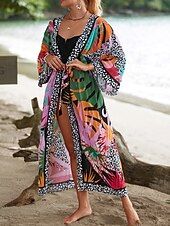 Недорогие Кафтаны-Жен. Купальники Накидка купальник галстук спереди тропический Одежда для пляжа Цветы V-образный вырез Длинный рукав Купальники