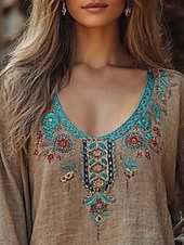 preiswerte Boho Tops-Damen Westernbluse Boho-Hemd Bluse Blume Boho Langarm V Ausschnitt Normale Oberteile Täglich Ausgehen Druck Kamel Khaki Sommer