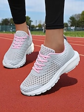 levne Dámské tenisky-Dámské lehké šedé síťované běžecké tenisky se šněrováním pro jogging, fitness a venkovní cvičení
