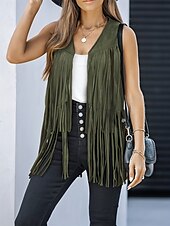 abordables chaquetas casuales-Mujer Chaqueta casual Chaleco Transpirable Cómodo Borlas Casual Plano Vacaciones Calle Casual Ropa Cotidiana Frente Abierto Regular Escote en Pico Ajuste regular Sin Mangas Ropa de calle Negro Rosa