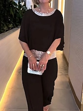 abordables Ensembles chemisiers pour femmes-Ensembles de pantalons de mode 2 pièces pour femmes vêtements de rue quotidiens manches 3/4 col rond couleur unie sequins patchwork décontracté quotidien noir blanc rose été coupe régulière