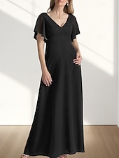 preiswerte Bodenlänge-A-Linie Brautmutterkleid Hochzeitsgast Elegant Süß V Ausschnitt Bodenlang Chiffon Kurzarm mit Raffung 2025