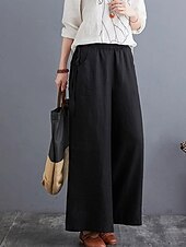 abordables Pantalón liso de lino y algodón-Mujer Pantalones de lino y algodón pantalones Ropa de calle Casual Longitud total Cintura Media Plano Bolsillo Cintura elástica Al Aire Libre Cómodo Ropa Cotidiana Noche Albaricoque Negro Azul Morado