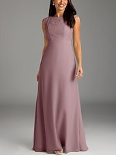 cheap Floor Length-A-Line Mother of the Bride Dress Wedding Guest Elegant Minimalist Crew Neck Floor Length Chiffon Lace Cap Sleeve with Lace Buttons