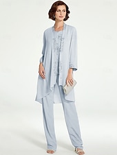 levne Máminy kalhotové kostýmy-Jumpsuit  kalhotový kostým 3 dílný matky nevěsty formální svatební host elegantní plus size bateau výstřih podlahová délka šifon krajka bez rukávů s volány volná velikost na míru