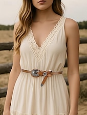 economico Cintura da donna-Cintura da donna in similpelle intagliata in stile western con fibbia vintage in argento per abiti boho, concerti estivi e abiti da sposa in stile country