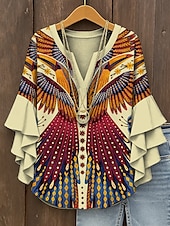 tanie Damskie topy boho-Damska koszula retro z warstwowym rękawem w falbanki vintage z graficznym wzorem geometrycznym abstrakcyjnym bohemia vintage codzienna z rękawem 3/4 półrękawem dekoltem w serek regularna na co dzień
