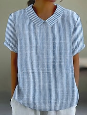 billige Kvinne Striper &amp; Geometriske Topper-Dame Bluse Grafisk Geometrisk Stripet Elegant Daglig Stilfull Kortermet Skjortekrage Vanlige topper Arbeid Daglig Ferie Trykt mønster Rosa Blå Grønn Grå Sommer Vår