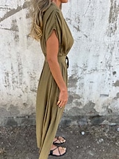 abordables concevoir des robes en coton et lin-Femmes Robe Longue Maxi Robe Robes en coton et lin Robe Décontractée Robe d&#039;été Mode Basique Moderne Quotidien Week-end Coupe régulière Uni Manche Courte Col en V Blanche Chameau Été