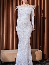 cheap BLACK-Mermaid / Trumpet Quinceanera Dresses Elegant Dress Formal Wedding Floor Length Long Sleeve Off Shoulder Sequined with Sequin