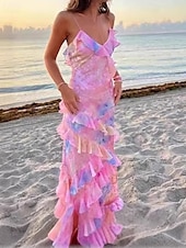 abordables Robes fleuries élégantes-Femmes Robe Longue Maxi Robe Robe Décontractée Robe Fleurie Mode Robe élégante Extérieur Soirée Fête Coupe régulière Fleur Sans manches Col en V Jaune Rose Claire Orange Été