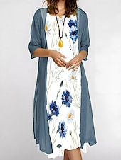 abordables Robe Fleurie-Femmes Robe Ensemble Robe d&#039;été Occasionnel Formel Fleuri Graphique Imprimé Robe Midi Manche 3/4 Col ras du cou Formel Extérieur Vert Claire Bleu Vert Été Printemps Coupe régulière