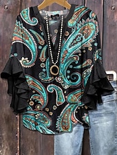 preiswerte Damen Urlaub Oberteile-Damenbluse Geschichtete Rüschenschlupfärmel Tops Floral Grafik Paisley Bohemia Vintage Täglich 3/4 Lange Ärmel V-Ausschnitt Reguläre Tops Täglich Urlaub Ferien Kleidung Print Schwarz Pink Lila