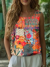 billige Blomstrete tanktop-Dame Camisole Tank Top Blomstret Grafisk Elegant Bohem Årgang Ermeløs Crew-hals Vanlige topper Svart Oransje Sommer Vår
