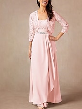 billiga Golvlängd-Tvådelad A-linjeformad Mor till Brud-Klänning Bröllopsgäst Elegant Söt Rundhalsad Golvlängd Chiffon Spets 3/4 Längd Ärmar med Spetspärlor Volanger