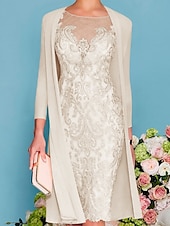 preiswerte Mit Jacke-zweiteiliges Etuikleid in Champagner für die Strandhochzeit, Mutter der Braut, elegantes Hochzeitsgastkleid mit Rundhalsausschnitt, knielang, Chiffonspitze, 3/4-Ärmel, Wickelkleid inklusive Jacke,