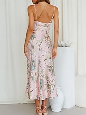 cheap Print Floral Dresses-Women&#039;s Midi Dress Floral Dress Boho Dress Print Dress Fashion Classic Outdoor Vacation Holiday Regular Fit Flower Sleeveless Spaghetti Strap Pink Navy Blue Orange Summer