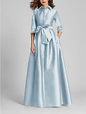 preiswerte GELB-A-Linien-Abendkleid Champagner Gold Minimalistisches Kleid Formal Hochzeitsgast Bodenlang Halber Ärmel Hemdkragen Satin mit Schleife(n) Falten