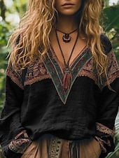 cheap Boho tee-Women&#039;s Cotton Linen Shirts Boho Shirt Blouse Flower Modern Boho Long Sleeve V Neck Regular Tops Holiday Going out Print Black Red Orange Dark Gray Apricot Summer