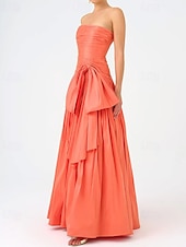 baratos LARANJA-Vestido de Noite A-Line Vestido Elegante Tafetá Casamento Formal Comprimento até o Chão Sem Mangas Sem Alças Chiffon com Laços Detalhes Ruchados