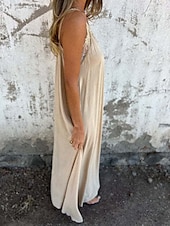 abordables concevoir des robes en coton et lin-Femmes Robe Longue Maxi Robe Robes en coton et lin Robe Décontractée Robe d&#039;été Robe Nuisette Mode Moderne Quotidien Week-end Coupe régulière Uni Sans manches Bretelles Noir Bleu Vert Kaki Été