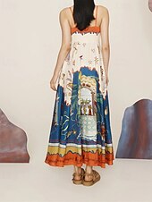 cheap Print Cotton &amp; Linen Dresses-Women&#039;s Long Dress Maxi Dress Cotton Linen Dresses Casual Dress Fashion Outdoor Party Holiday Regular Fit Color Block Sleeveless Spaghetti Strap Orange Summer