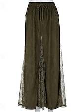 preiswerte Schlichte Röcke-Damen Rock Schwingend Spitzenrock Lässig Boho Maxi Mittlere Taille Röcke Einfarbig Spitze Urlaub Ferien Grün Sommer Polyester