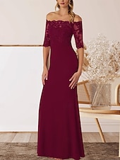 cheap Floor Length-A-Line Mother of the Bride Dress Wedding Guest Elegant Off Shoulder Floor Length Chiffon Half Sleeve with Lace