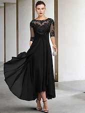 voordelige Vloerlengte-A-Lijn Moeder van de Bruid Jurk Bruidsgast Elegant Plus Size Hoog Laag V-Hals Asymmetrisch Enkel Lengte Chiffon Kant Halve Mouw met Beading Applicaties gratis maatwerk