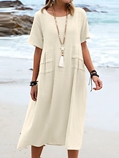 preiswerte Kleider aus Baumwolle und Leinen entwerfen-Damen Midikleid Baumwoll-Leinen-Kleider Freizeitkleid Sommerkleid Klassisch Modern Täglich Wochenende Normale Passform Einfach Kurzarm Rundhalsausschnitt Schwarz Gelb Rosa Königsblau Sommer