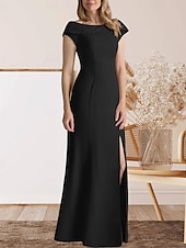 preiswerte Bodenlänge-Meerjungfrauenschnitt Brautmutterkleid Hochzeitsgast Elegant Süß Rundhalsausschnitt Bodenlang Spitze Stretchstoff Kappenärmel mit Spitze Geteilter Vorderteil 2025