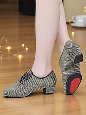 preiswerte Lateinamerikanische Schuhe-Weiße Mesh-Latein-Tanzschuhe für Damen mit niedrigem, klobigem Absatz und funkelnden Strasssteinen – atmungsaktives, professionelles Standardschuhwerk für Künstler und Wettbewerbe