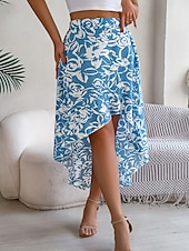 preiswerte Grafische Röcke-Damen Rock A-Linie Mode Lässig Maxi Hohe Taille Röcke Blumenmuster Rüsche Tasche Druck Mikroelastisch Straße Täglich Fuchsie Grün Hellblau Sommer Polyester