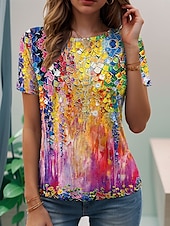 abordables T-shirt floral-Femmes T-shirt Fleuri Graphique Abstrait ancien Élégant Classique Manche Courte Col ras du cou Hauts Réguliers Quotidien Week-end Imprimé Jaune Rose Claire Bleu Été Printemps