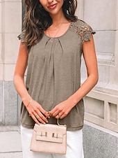 billiga Enkel t-shirt-Damernas T-shirt Enfärgad Plain Mode Stilig Klassisk Korta Ärmar Rund Halsringning Regelbundna Toppar Daglig Helg Spets Lappar Svart Blå Grön Khaki Sommar
