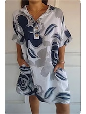 abordables concevoir des robes en coton et lin-Femmes Mini Robe Robe Décontractée Occasionnel Coupe ajustée Graphique Imprimé Demi Manches Revers Blanche Jaune Rose Claire Bleu Été Automne