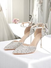 economico sposa-Scarpe da sposa con tacco argento scintillante da donna con fiocco – eleganti scarpe da sposa con punta a punta e cinturino alla caviglia per la sposa