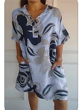 abordables concevoir des robes en coton et lin-Femmes Mini Robe Robe Décontractée Occasionnel Coupe ajustée Graphique Imprimé Demi Manches Revers Blanche Jaune Rose Claire Bleu Été Automne