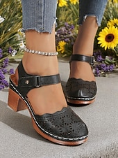 cheap Block Heel Pumps-Women's Cutout Faux Leather Block Heel Sandals with Adjustable Strap – Comfort Shoes for Daily Commute, Garden Party, Farmers Market &amp; Boho Summer Outings