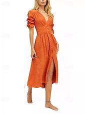 abordables concevoir des robes en coton et lin-Femmes Robe Midi Robes en coton et lin Robe Décontractée Robe bohème Élégant Mode Extérieur Soirée Fête Coupe régulière Uni manche longue Col en V Orange Été