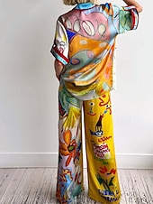 abordables Ensembles-Femmes Mode Streetwear Ensembles de Pantalons Demi Manches Col de chemise Graffiti Imprimé Tenue quotidienne Date Jaune Été Coupe régulière