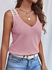 preiswerte Einfaches Tanktop-Damen Camisole-Tanktop Einfarbig Täglich Lässig Ärmellos V Ausschnitt Normale Oberteile Täglich Spitze Patchwork Schwarz Rosa Aprikose Grau Sommer