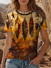 billige Boho t-skjorte-Dame T skjorte Nyanse Grafisk Årgang Stilfull Klassisk Kortermet Crew-hals Rund hals Vanlige topper Daglig Helg Trykt mønster Gul Rød Blå Lilla Grønn Sommer Vår
