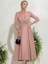 baratos Comprimento do chão-vestido blazer linha a mãe da noiva vestido crepe elegante simples lapela decote comprimento chá cetim manga 3/4 com cor sólida 2025