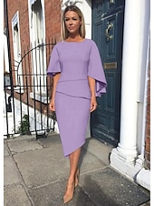 preiswerte Teelänge-Sheath Kleid der Mutter der Braut Hochzeitsgast Elegantes Einfaches Plus Size Juwel Dekolleté Asymmetrisch Knie Länge Charmeuse Halblange Ärmel mit Stufen kostenlose Sondergröße