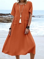 preiswerte Kleider aus Baumwolle und Leinen entwerfen-Damen Midikleid Baumwoll-Leinen-Kleider Freizeitkleid Sommerkleid Klassisch Modern Täglich Wochenende Normale Passform Einfach Kurzarm Rundhalsausschnitt Schwarz Gelb Rosa Königsblau Sommer