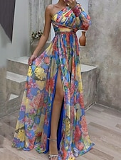 cheap Elegant Floral Dresses-Women&#039;s Long Dress Maxi Dress Casual Dress Floral Dress Fashion Elegant Dress Outdoor Party Holiday Regular Fit Flower Sleeveless Cold Shoulder Yellow Blue Green Summer