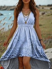 preiswerte Ausgefallene Kleider-Damen Midikleid A Linie Kleid Sommerkleid Urlaub Lässig Boho Ausgehen Strand Normale Passform Blumen Grafik Ärmellos V Ausschnitt Blau Purpur Grün Khaki Sommer Frühling